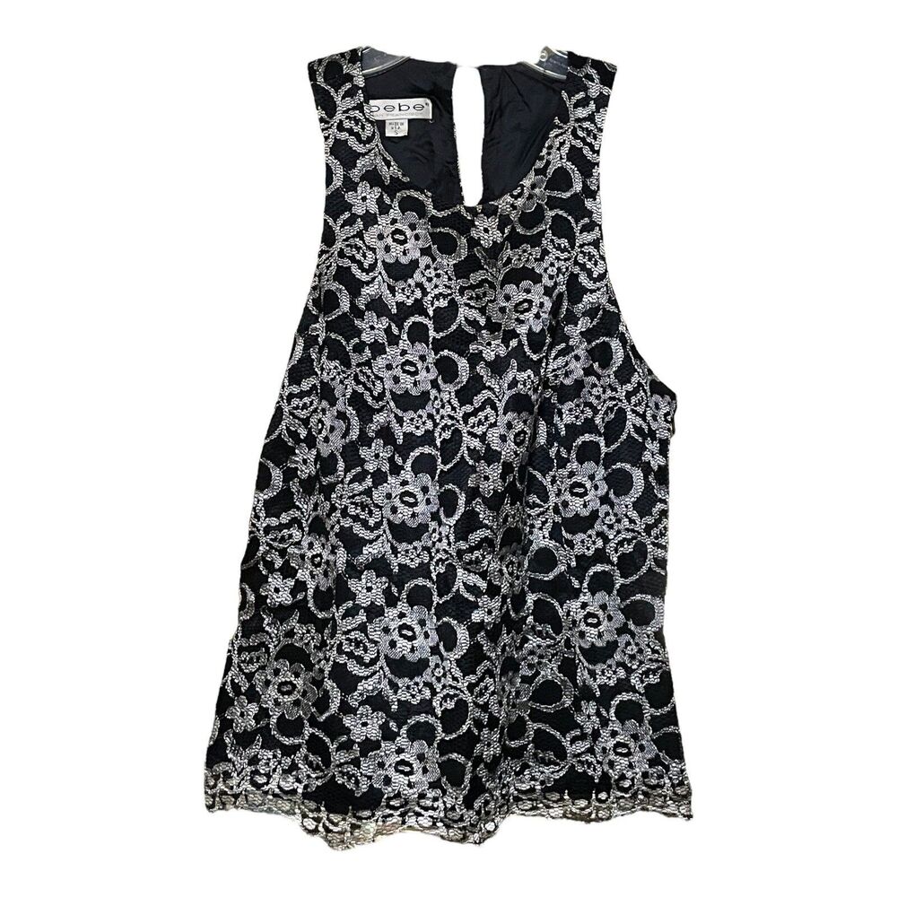 Bebe San Francisco Black Silver Lace Sleeveless Floral Top Womens Size Small USA